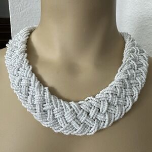 VTG Charming Charlie Braided Choker Statement Necklace 18 Inch White Seed Beaded